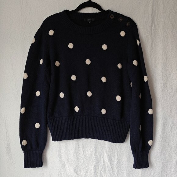 J. CREW Button Merino Blend Polka Dot Crewneck Sweater Navy Women's Size Medium - Picture 2 of 10